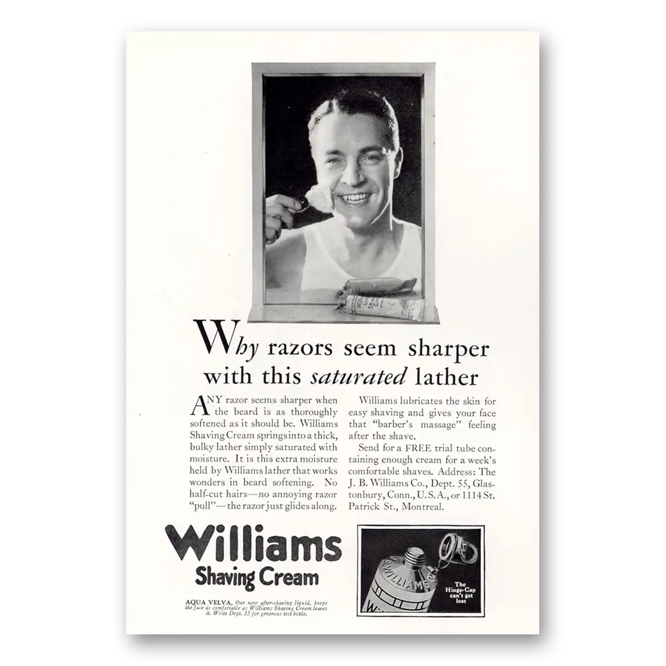 1927 Williams Shaving Cream Saturated Lather Vintage Magazine Print Ad