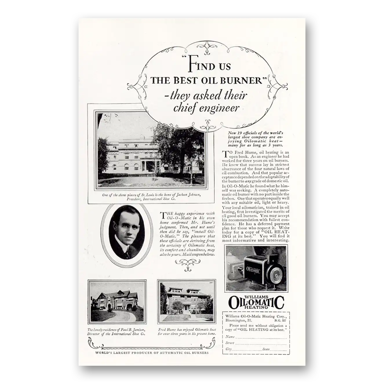 1927 Williams Oil-O-Matic Find Us the Best Oil Burner Vintage Magazine Print Ad