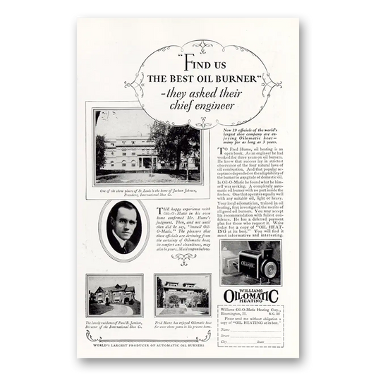 1927 Williams Oil-O-Matic Find Us the Best Oil Burner Vintage Magazine Print Ad