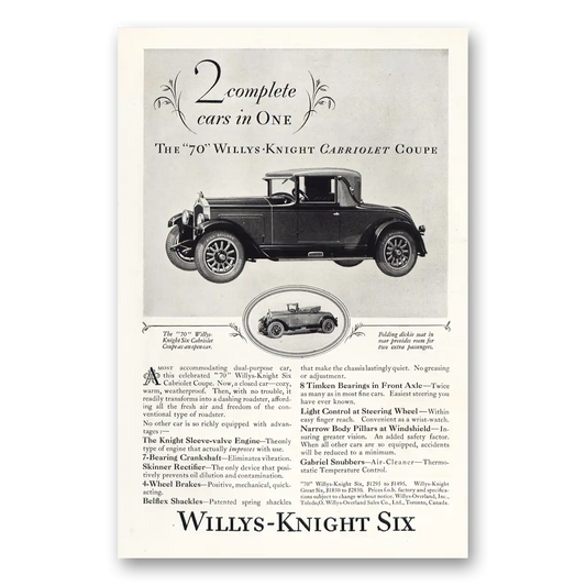 1927 Willys Knight Cabriolet Coupe 2 Complete Cars In One Vintage Magazine Print Ad