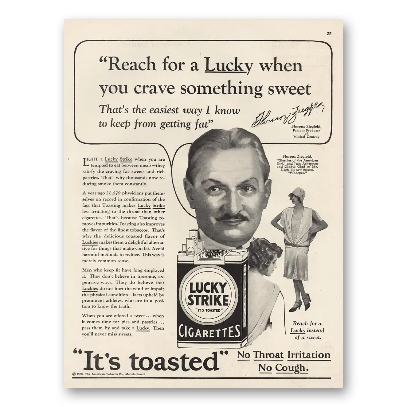 1928 Lucky Strike Cigarettes Florenz Ziegfeld Vintage Magazine Print Ad