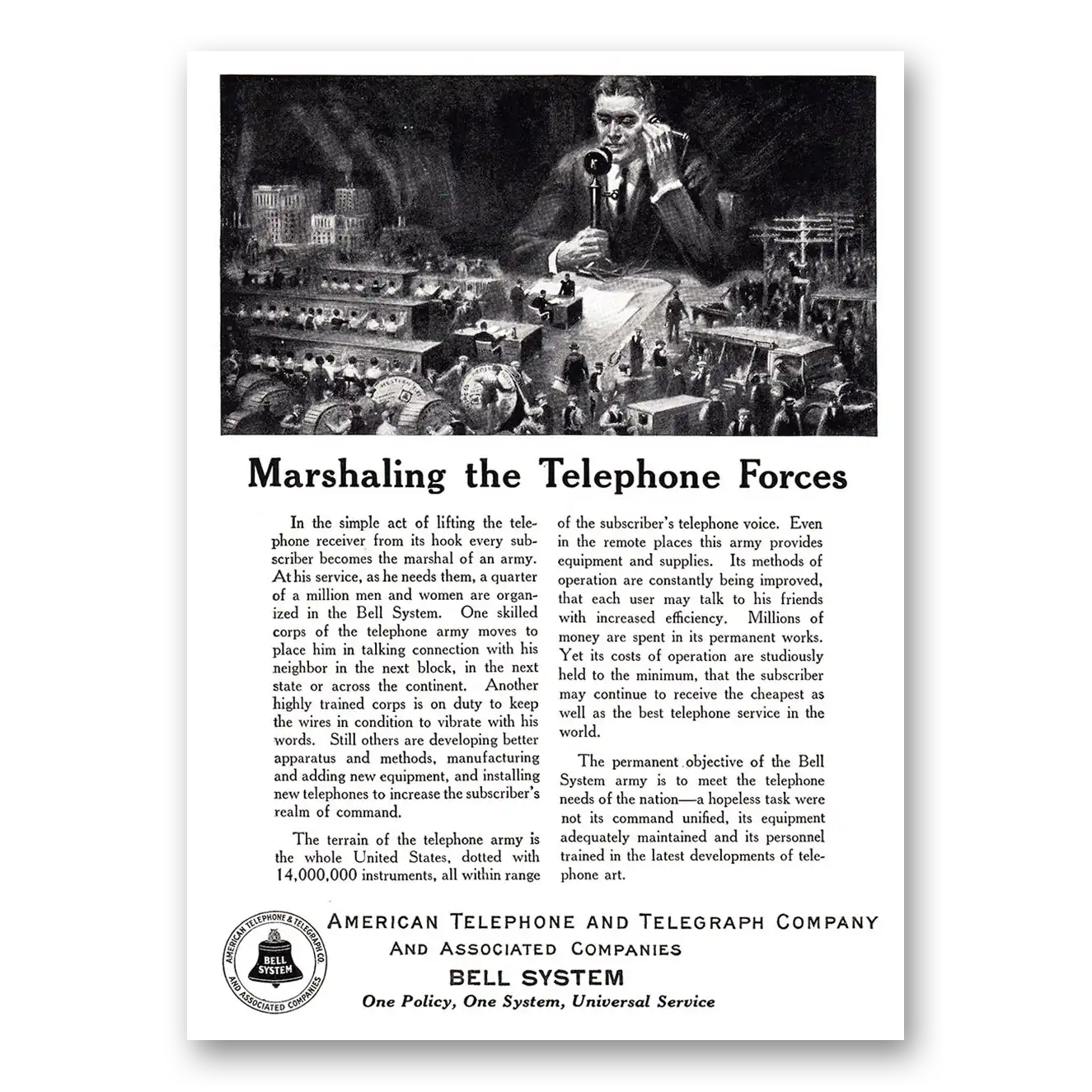 1928 American Telephone Marshaling the Telephone Forces Vintage Magazine Print Ad