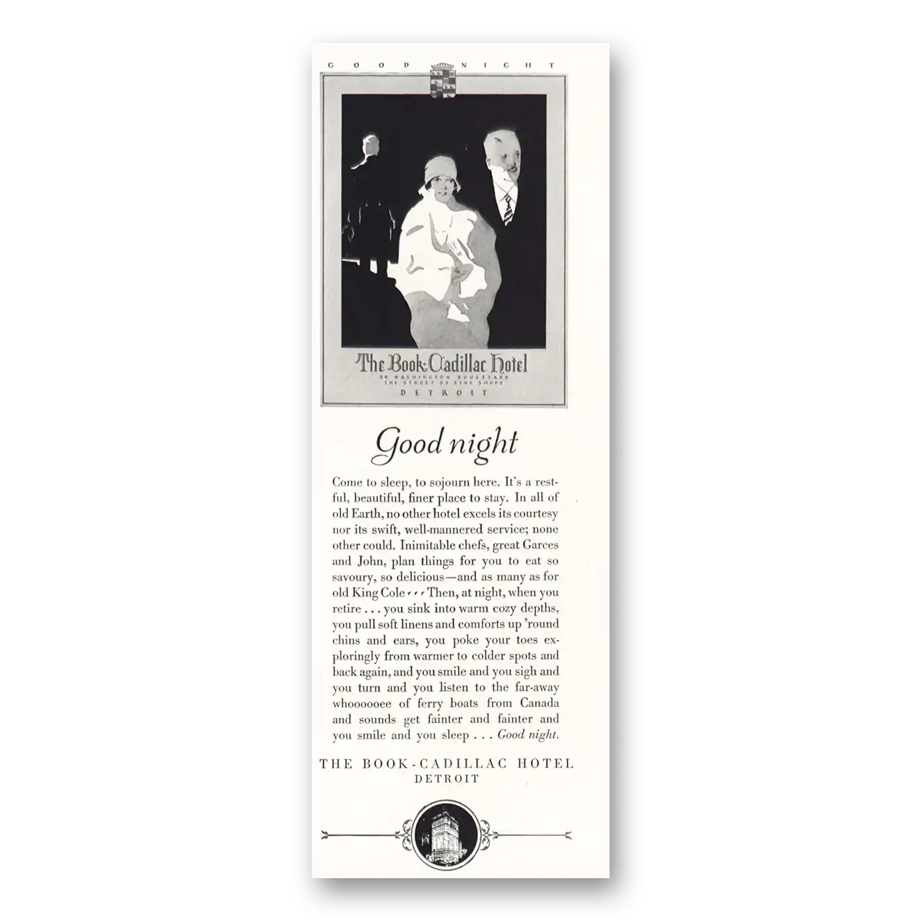 1928 Book Cadillac Hotel Come To Sleep To Sojourn Here Vintage Magazine Print Ad