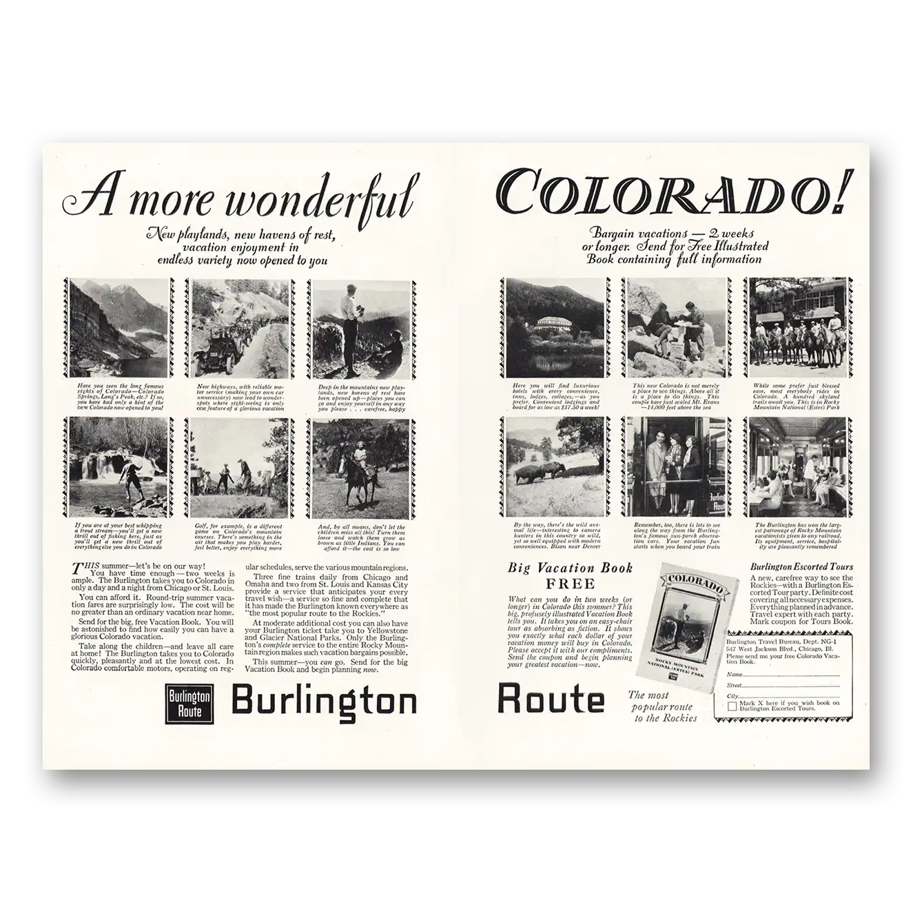 1928 Burlington Route More Wonderful Colorado Vintage Magazine Print Ad