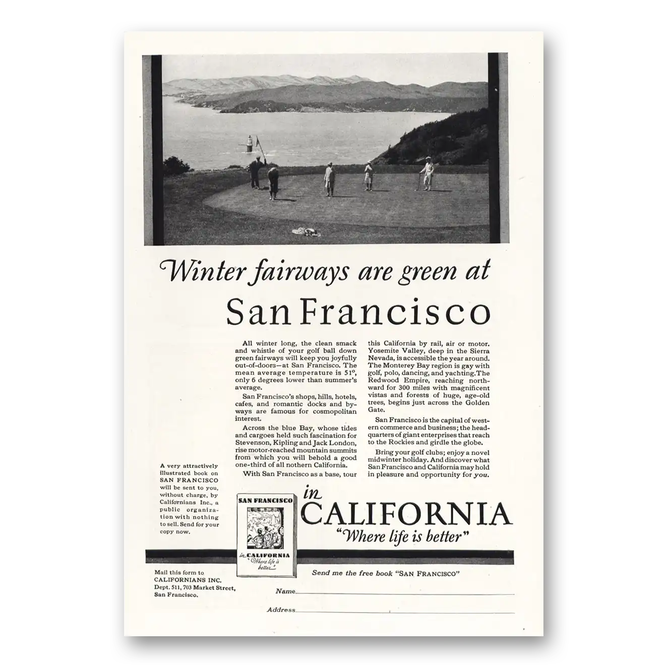 1928 San Francisco California Winters Fairways Are Green San Francisco Vintage Magazine Print Ad