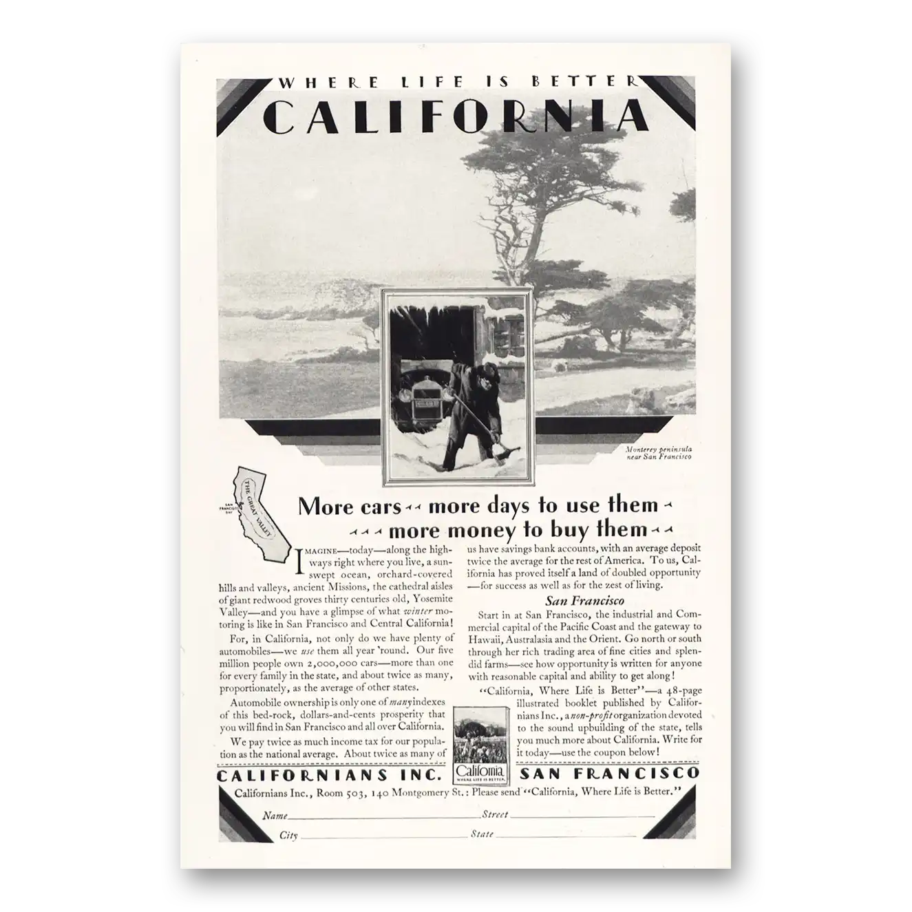 1928 California More Cars More Days to Use Them Vintage Magazine Print Ad