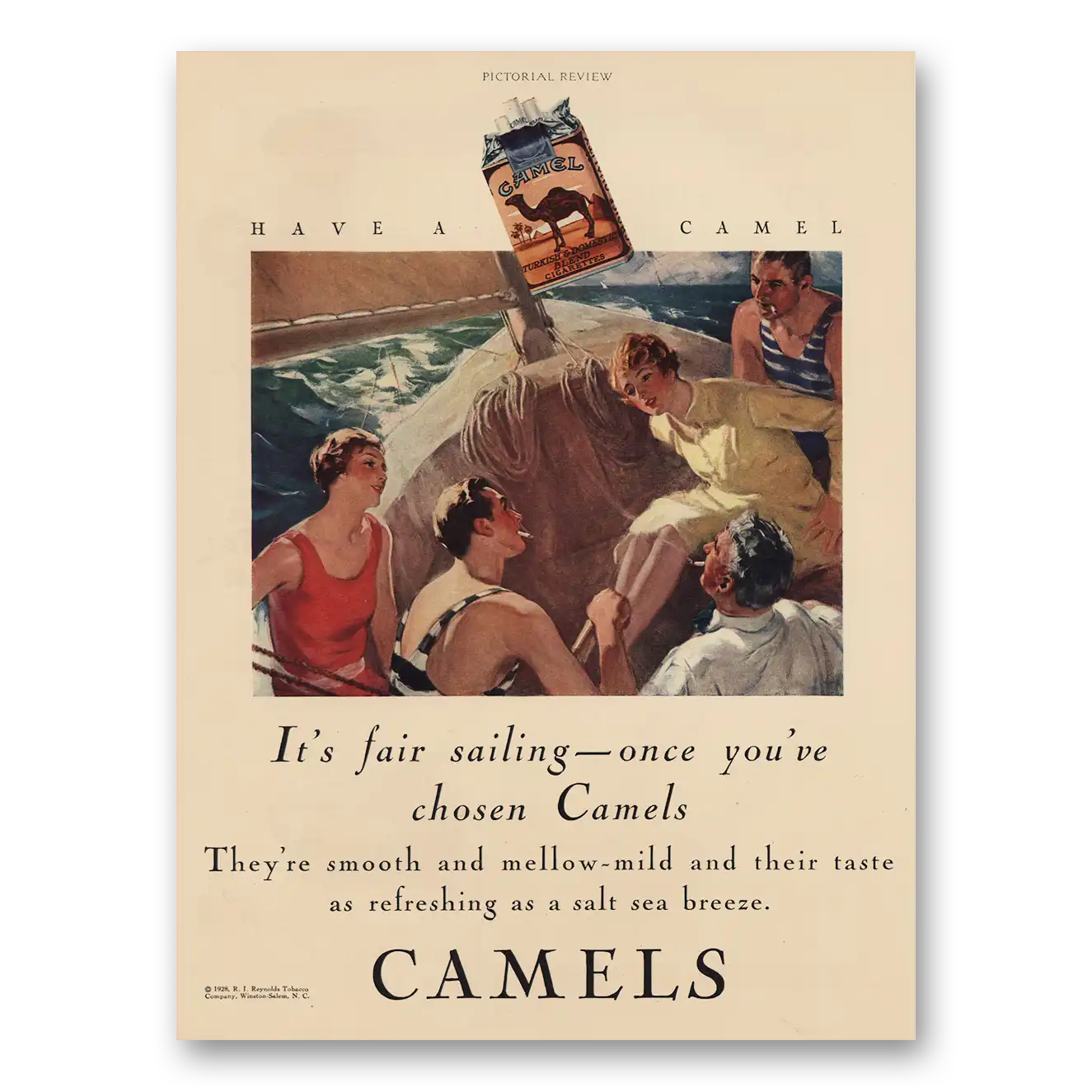 1928 Camel Cigarettes Fair Sailing Vintage Magazine Print Ad