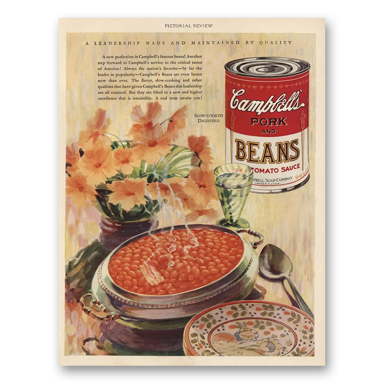 1928 Campbells Pork and Beans Leadership Made and Maintained Vintage Magazine Print Ad