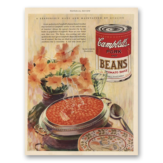 1928 Campbells Pork and Beans Leadership Made and Maintained Vintage Magazine Print Ad