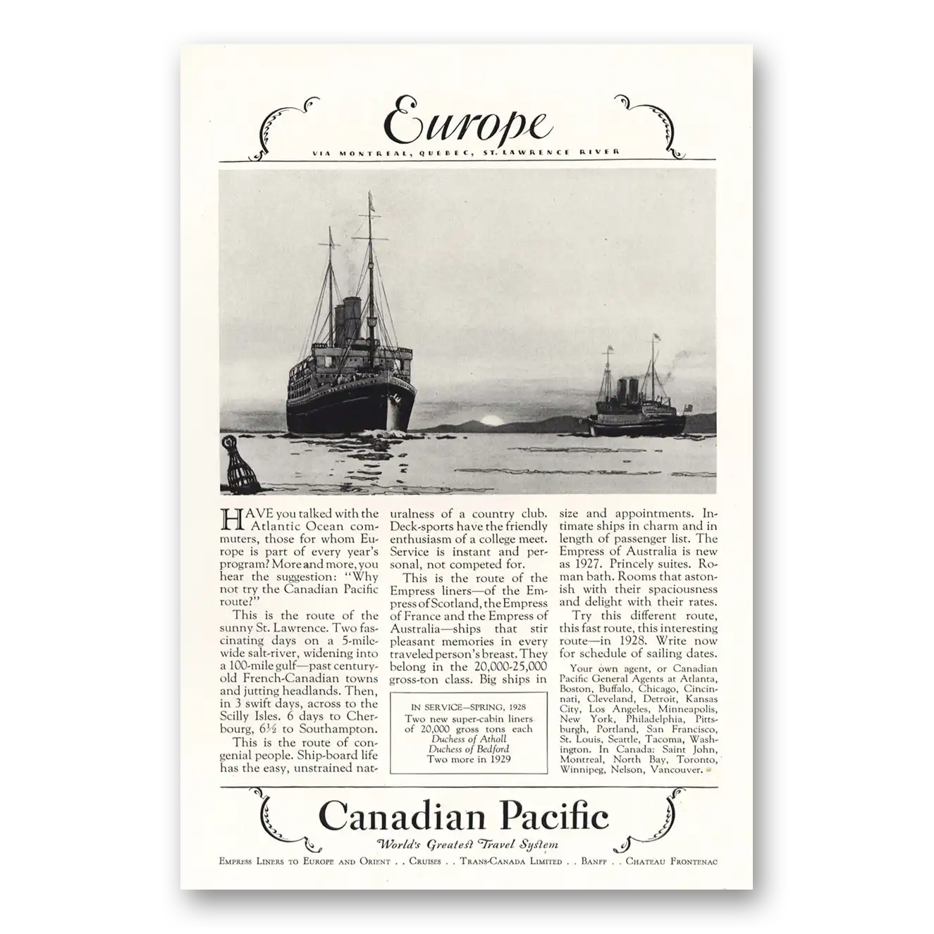 1928 Canadian Pacific Europe St Lawrence River Vintage Magazine Print Ad