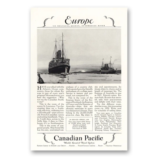 1928 Canadian Pacific Europe St Lawrence River Vintage Magazine Print Ad