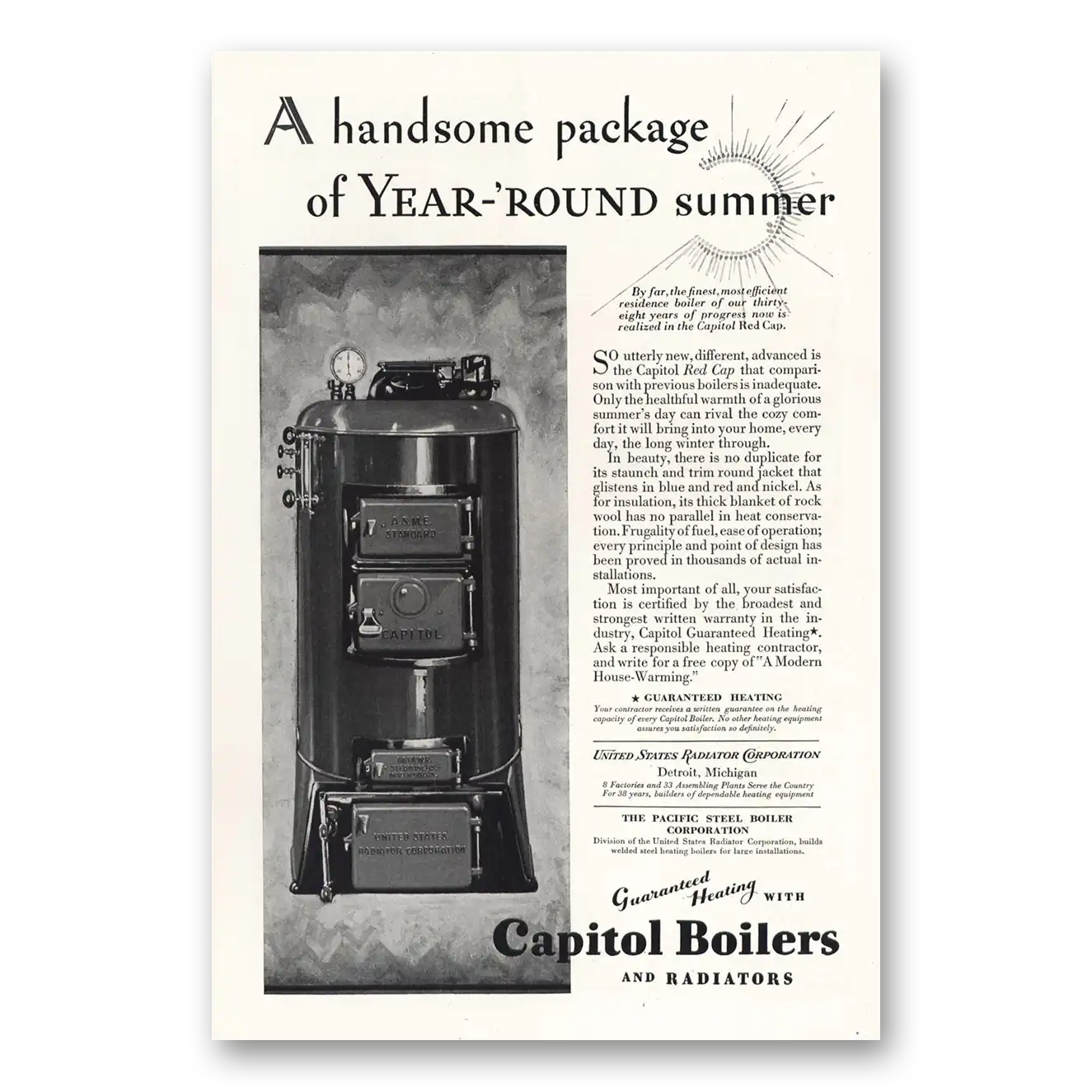 1928 Capitol Boilers Handsome Package Year Round Summer Vintage Magazine Print Ad