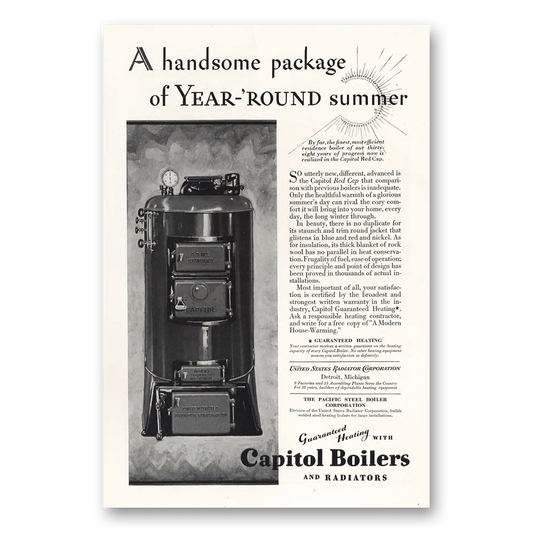 1928 Capitol Boilers Handsome Package Year Round Summer Vintage Magazine Print Ad