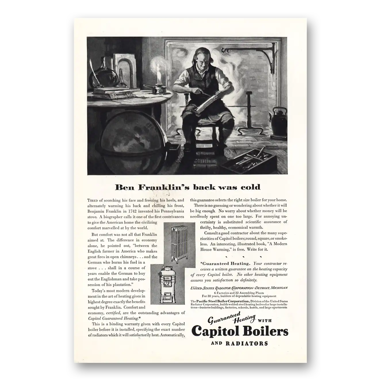 1928 Capitol Boilers Ben Franklins Back Was Cold Vintage Magazine Print Ad