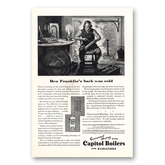 1928 Capitol Boilers Ben Franklins Back Was Cold Vintage Magazine Print Ad