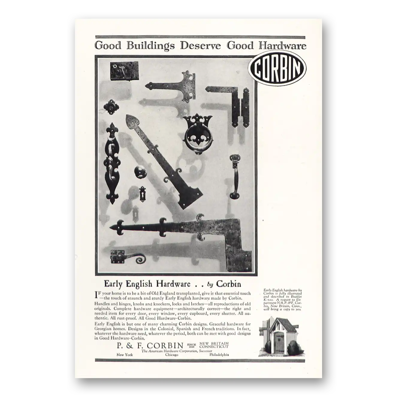 1928 P & F Corbin Early English Hardware Vintage Magazine Print Ad