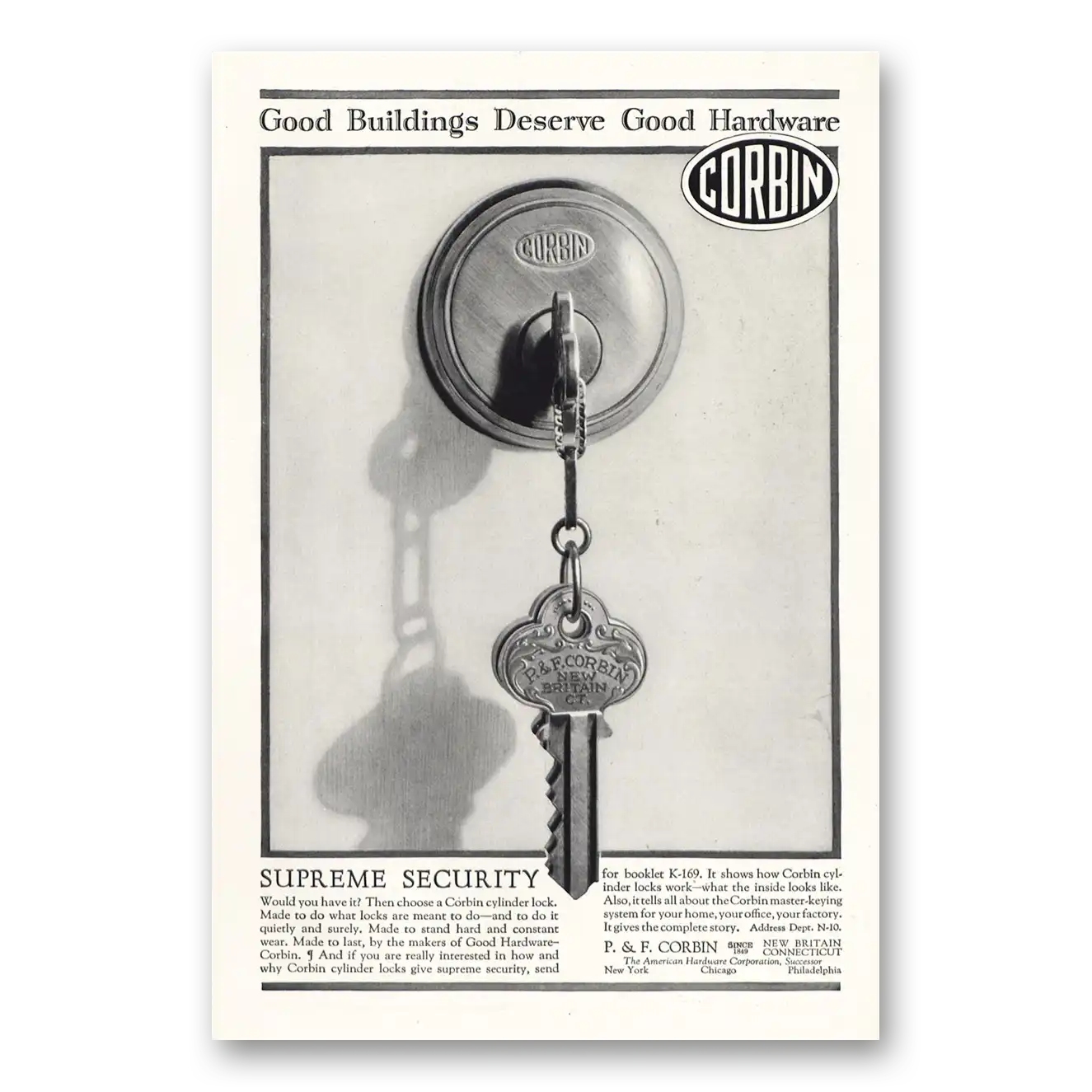 1928 P & F Corbin Supreme Security Vintage Magazine Print Ad