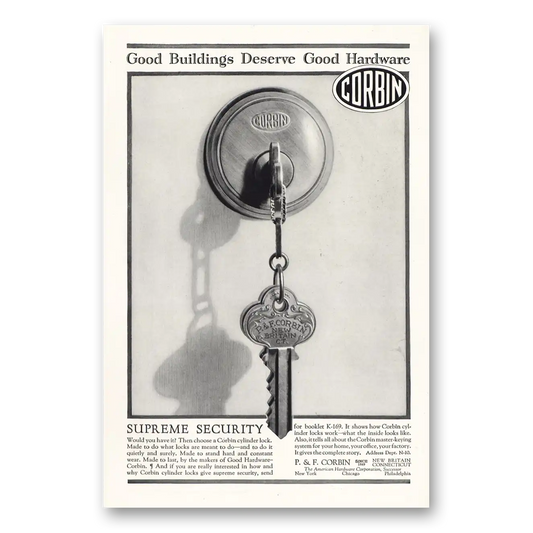 1928 P & F Corbin Supreme Security Vintage Magazine Print Ad