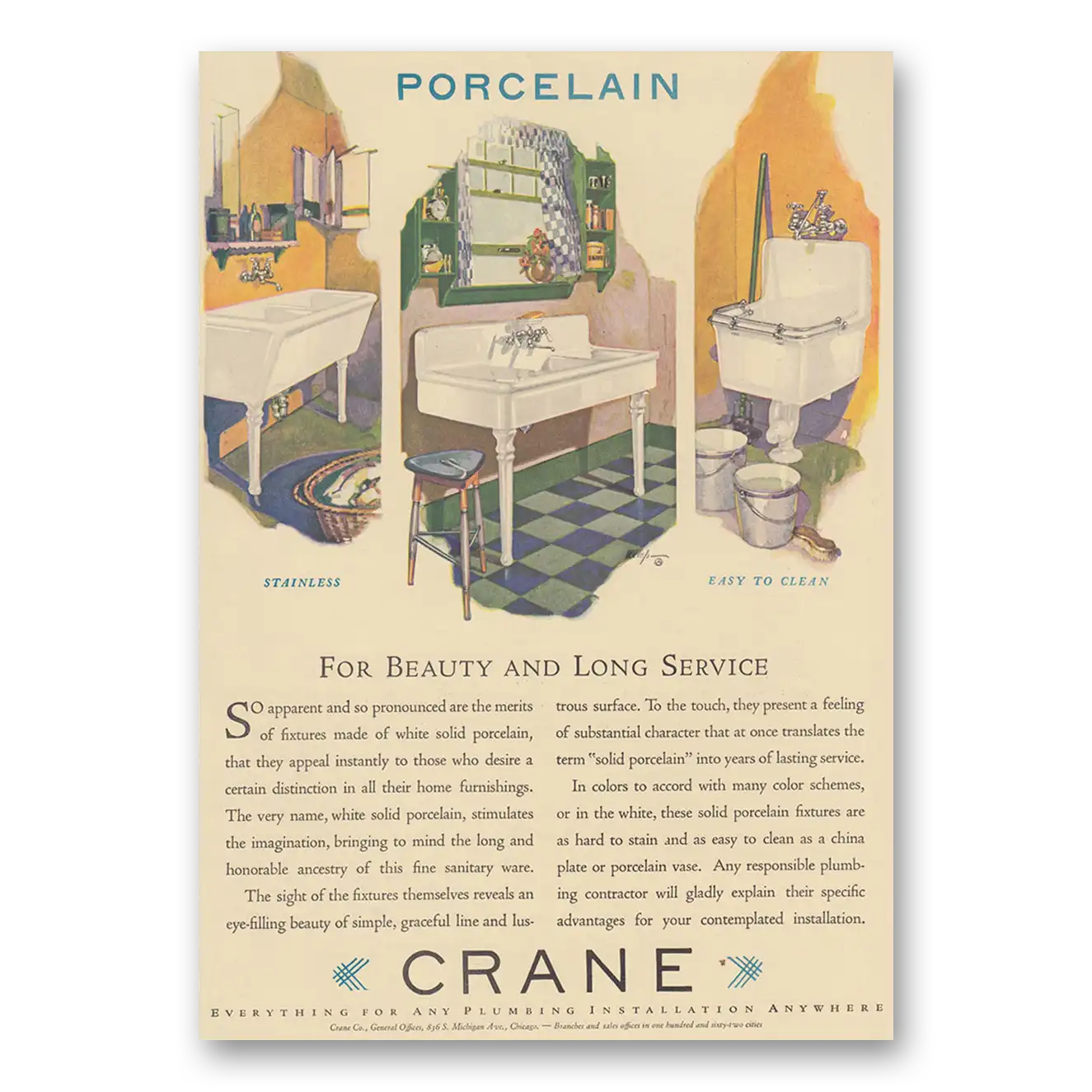 1928 Crane Porcelain For Beauty and Long Service Vintage Magazine Print Ad