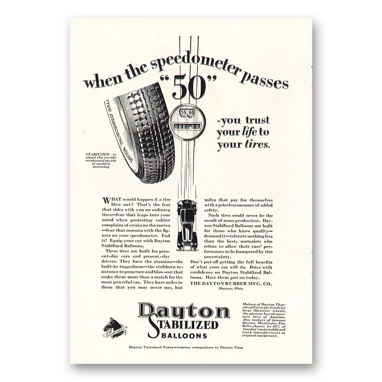 1928 Dayton Stabilized Balloon Tires Speedometer Passes 50 Vintage Magazine Print Ad