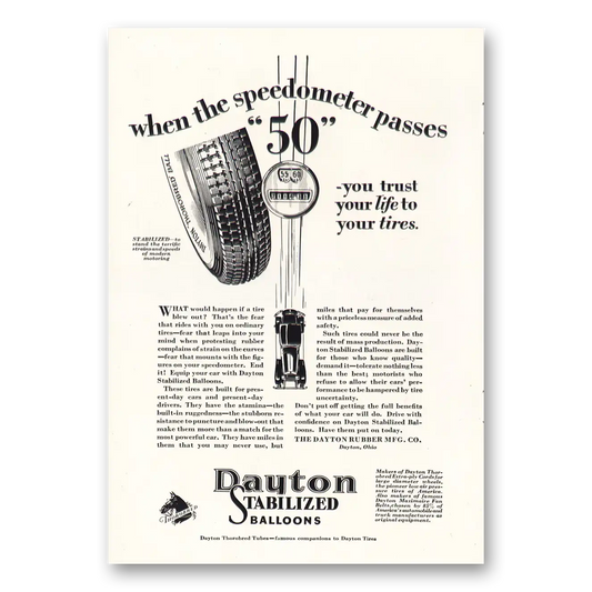 1928 Dayton Stabilized Balloon Tires Speedometer Passes 50 Vintage Magazine Print Ad