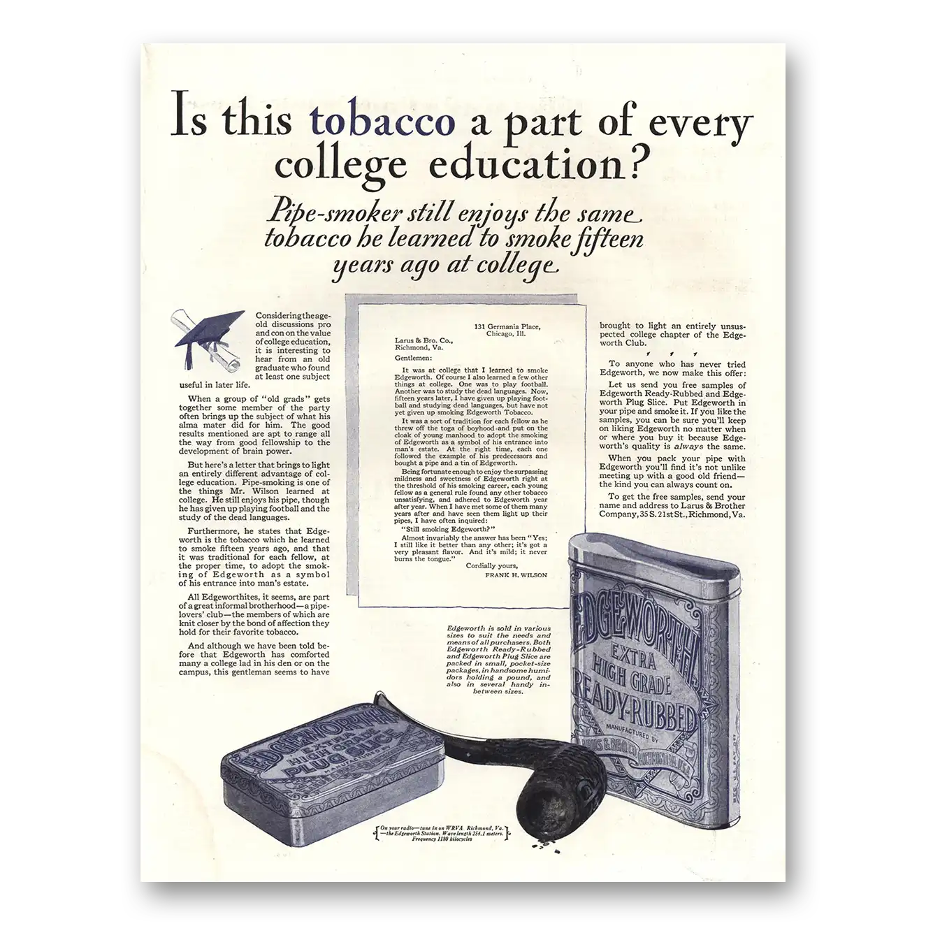 1928 Edgeworth Pipe Tobacco Part of College Education Vintage Magazine Print Ad