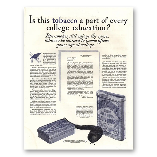 1928 Edgeworth Pipe Tobacco Part of College Education Vintage Magazine Print Ad