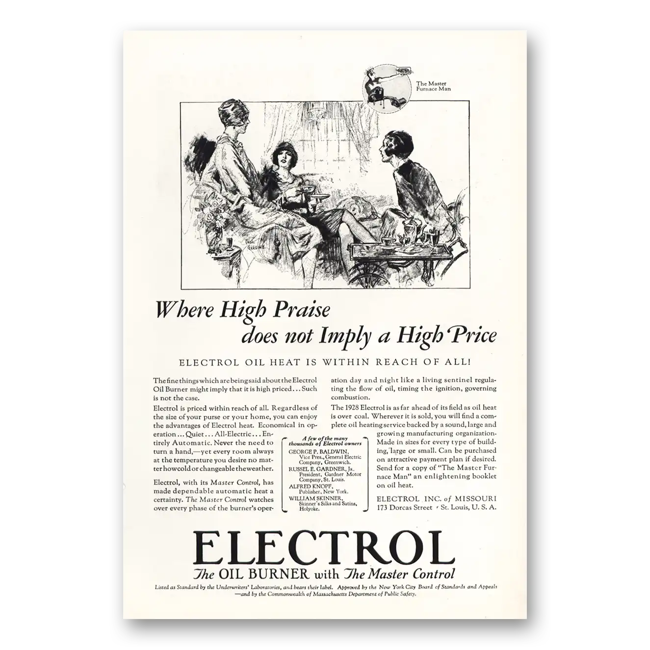 1928 Electrol Oil Burner High Praise Not High Price Vintage Magazine Print Ad