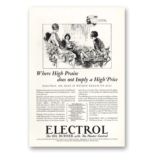 1928 Electrol Oil Burner High Praise Not High Price Vintage Magazine Print Ad