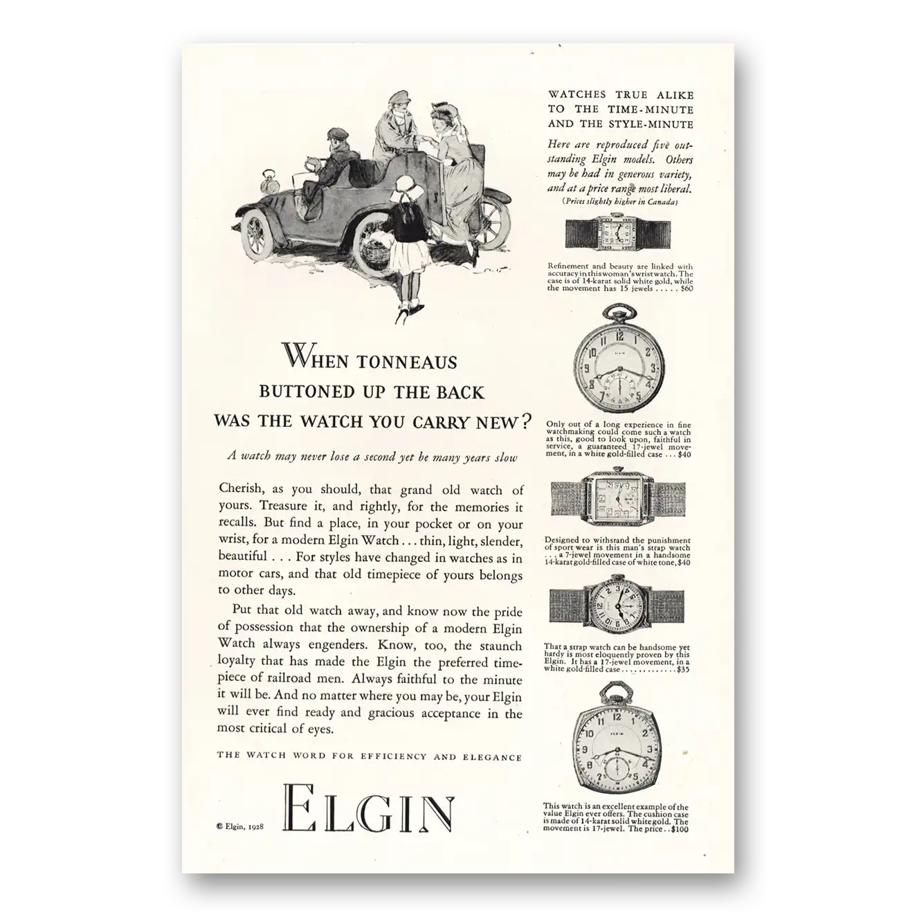 1928 Elgin Watch Tonneaus Buttoned Up the Back Vintage Magazine Print Ad