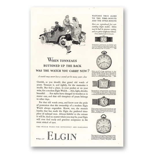 1928 Elgin Watch Tonneaus Buttoned Up the Back Vintage Magazine Print Ad