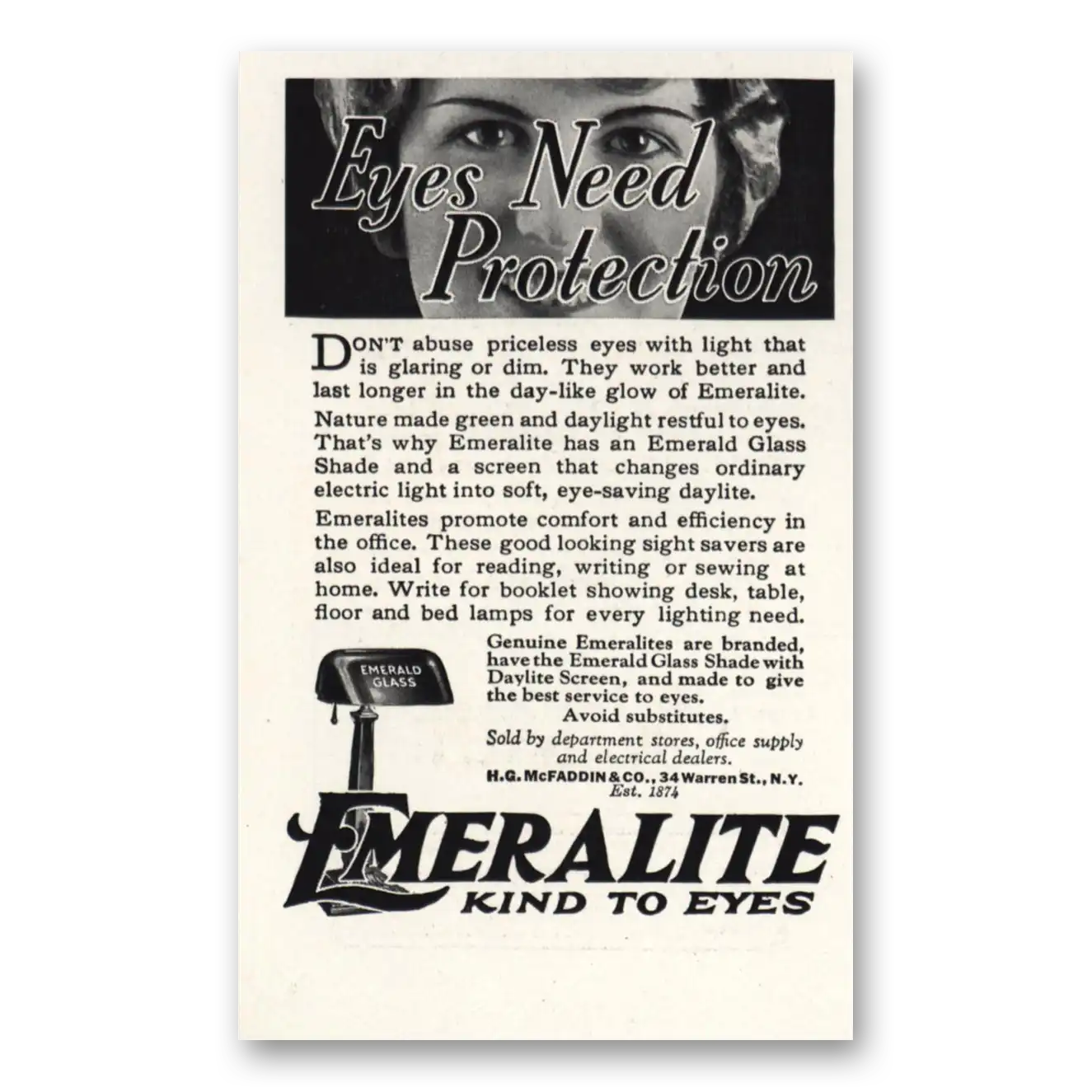 1928 Emeralite Eyes Need Protection Vintage Magazine Print Ad