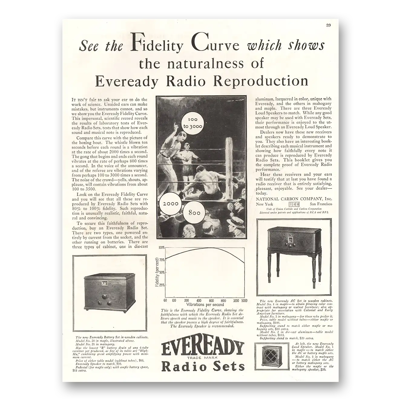 1928 Eveready Radio Sets Fidelity Curve Vintage Magazine Print Ad