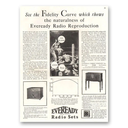 1928 Eveready Radio Sets Fidelity Curve Vintage Magazine Print Ad