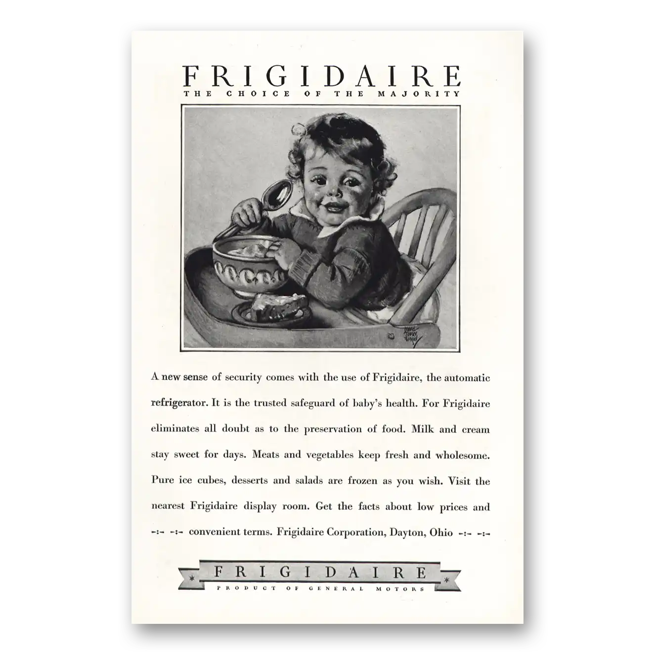 1928 Frigidaire Refrigerator New Sense of Security Vintage Magazine Print Ad