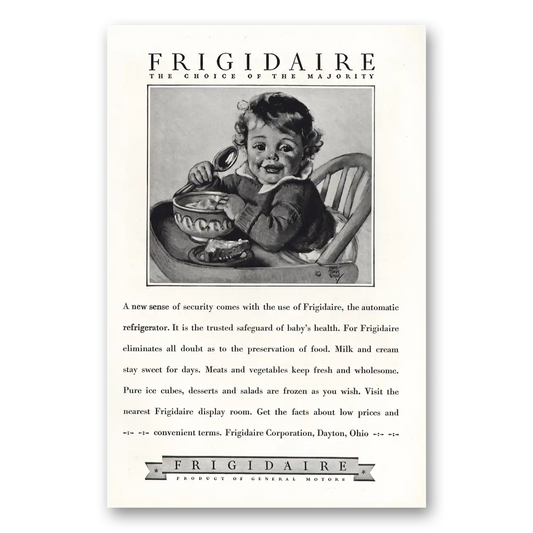 1928 Frigidaire Refrigerator New Sense of Security Vintage Magazine Print Ad