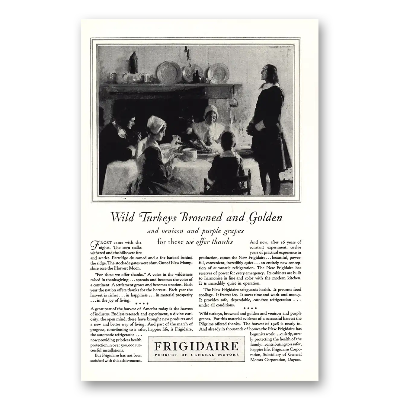 1928 Frigidaire Refrigerator Wild Turkeys Browned and Golden Vintage Magazine Print Ad