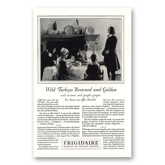 1928 Frigidaire Refrigerator Wild Turkeys Browned and Golden Vintage Magazine Print Ad