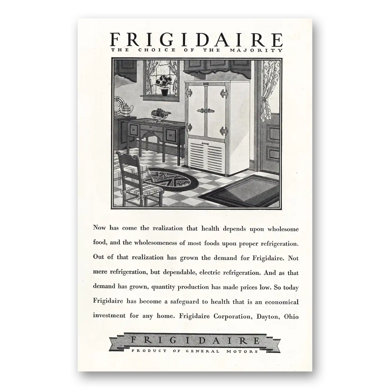 1928 Frigidaire Refrigerator Choice of the Majority Vintage Magazine Print Ad