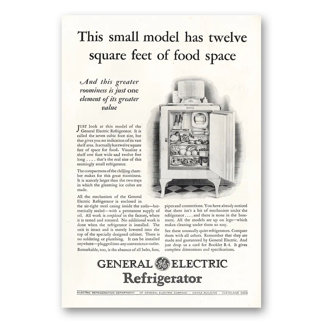 1928 General Electric Refrigerator Twelve Square Feet of Food Space Vintage Magazine Print Ad