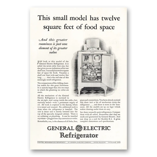 1928 General Electric Refrigerator Twelve Square Feet of Food Space Vintage Magazine Print Ad