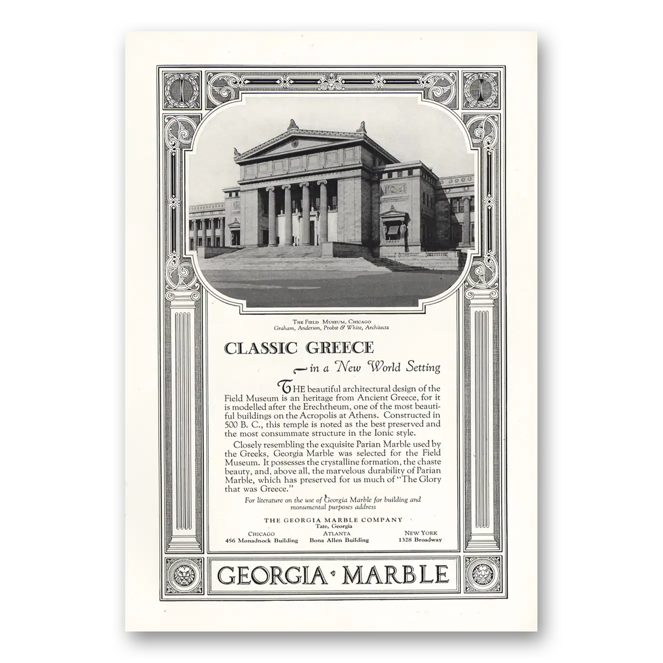 1928 Georgia Marble Field Museum Chicago Vintage Magazine Print Ad