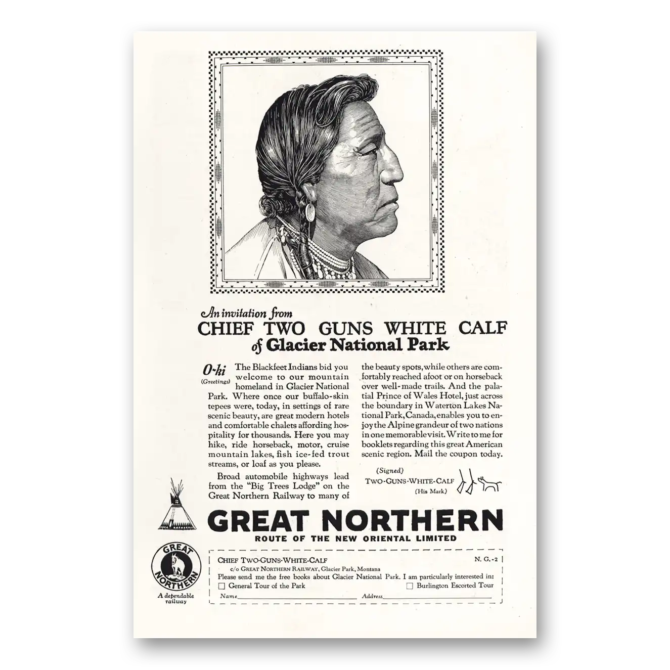 1928 Great Northern Railway Chief Two Guns White Calf Vintage Magazine Print Ad