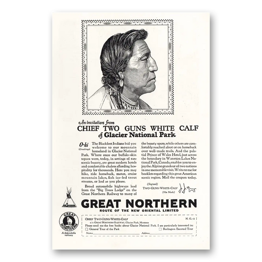 1928 Great Northern Railway Chief Two Guns White Calf Vintage Magazine Print Ad