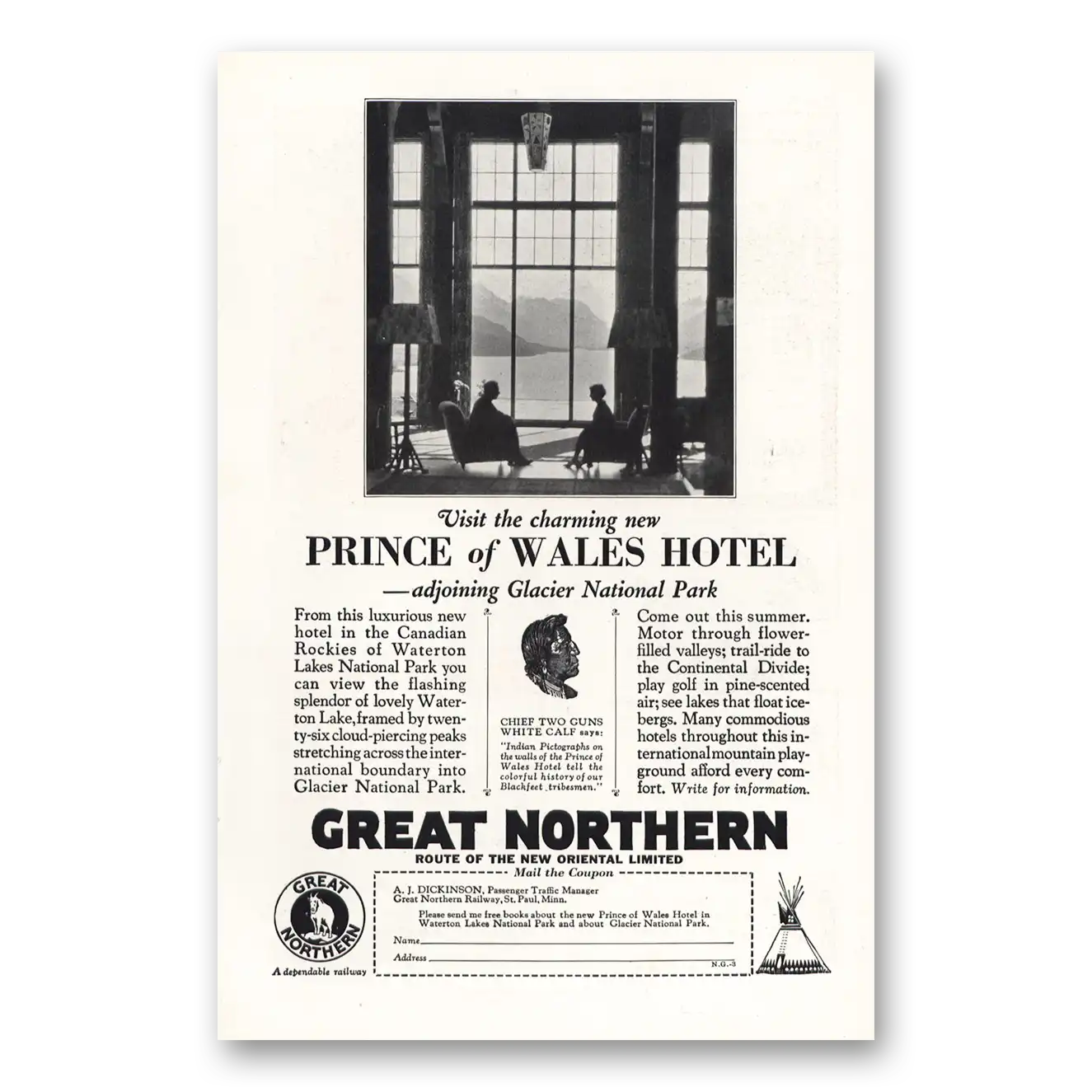 1928 Great Northern Railway Prince of Wales Hotel Vintage Magazine Print Ad