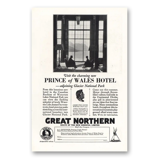 1928 Great Northern Railway Prince of Wales Hotel Vintage Magazine Print Ad