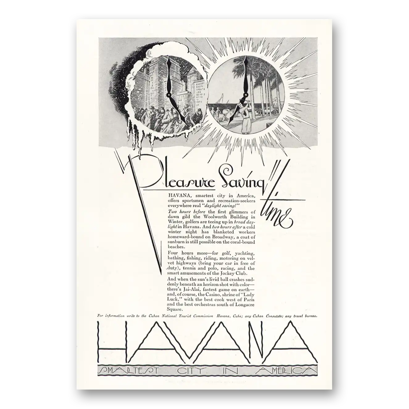 1928 Cuba Havana Pleasure Saving Time Vintage Magazine Print Ad