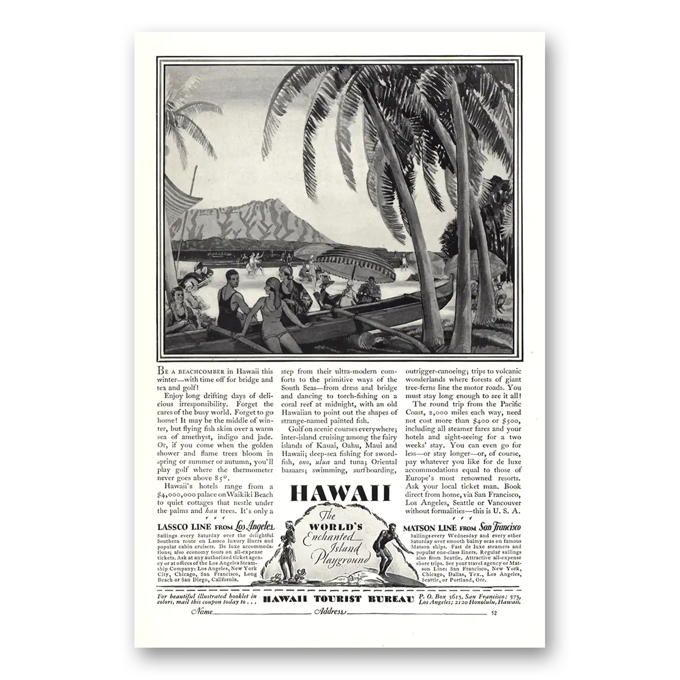 1928 Hawaii Be Beachcomber Diamond Head Vintage Magazine Print Ad