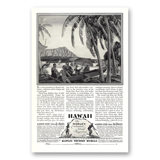 1928 Hawaii Be Beachcomber Diamond Head Vintage Magazine Print Ad