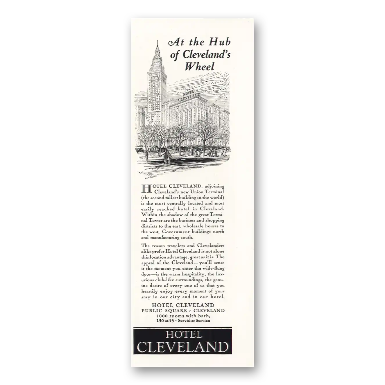 1928 Hotel Cleveland Hub of Clevelands Wheel Vintage Magazine Print Ad